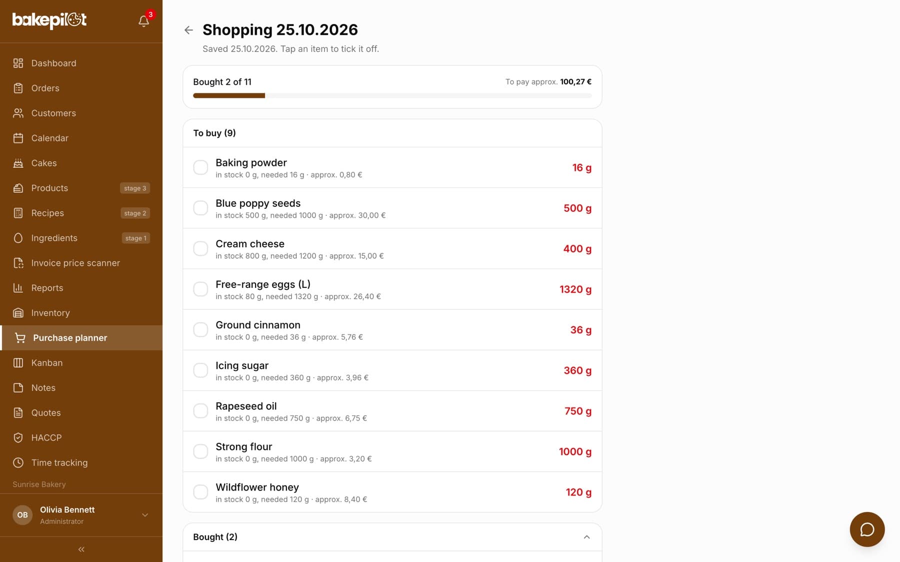 BakePilot shopping list for 19.10.2026: Bought 0 of 1 bar, To pay approx. 2.64 PLN, To buy section with the item powdered sugar 240 g (in stock 0 g, needed 240 g) and the Delete list and Finish shopping buttons