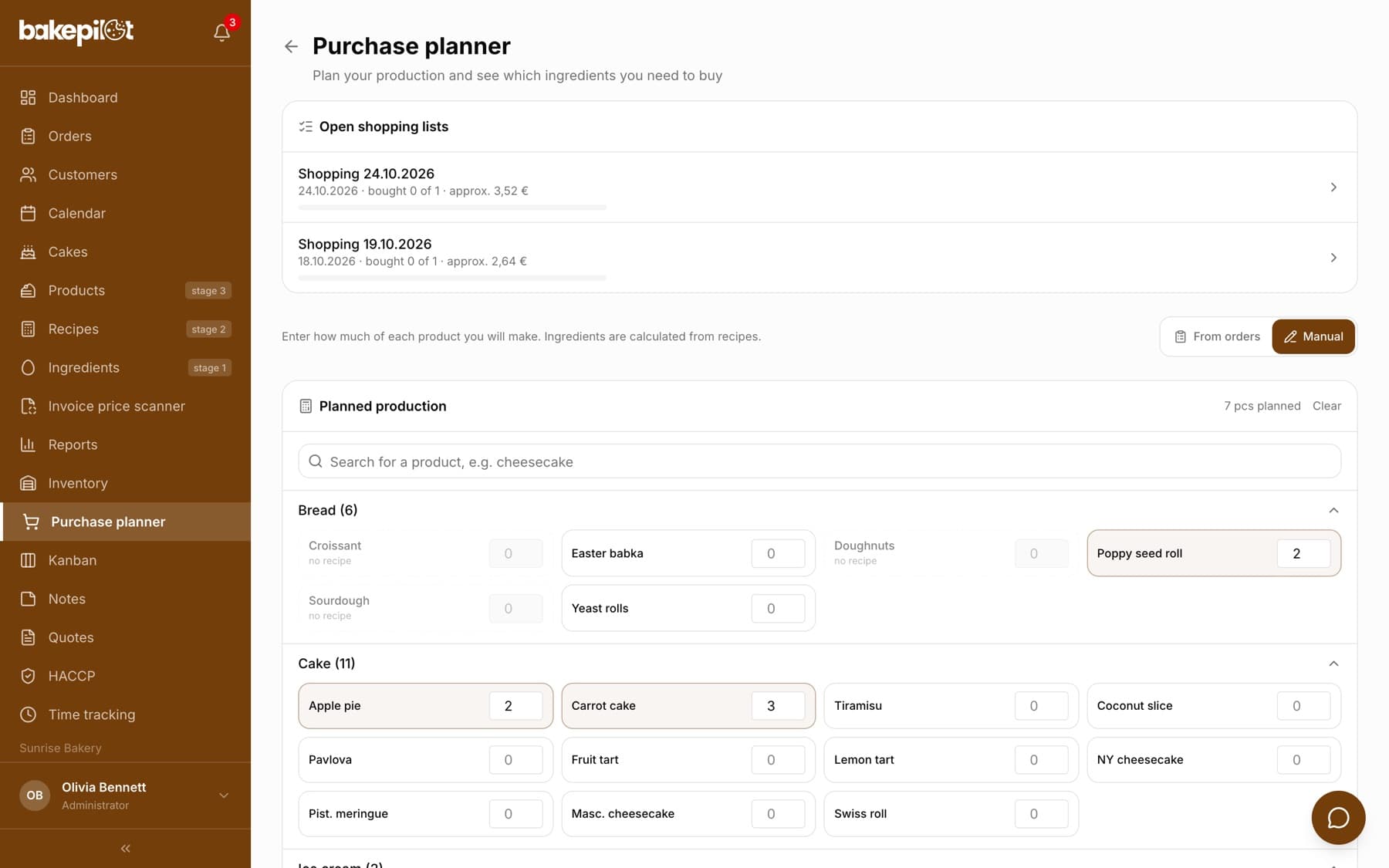 BakePilot purchase planner in Manual mode: the From orders / Manual switch with the hint Enter how much of each product you will make, below it Planned production with the Search for a product field, the Bread and Cakes categories, quantities entered (poppy seed roll 2, carrot cake 3, apple pie 2) and no recipe notes next to products without a recipe