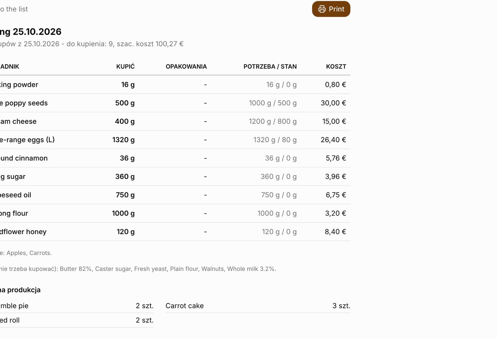 Shopping list printout for 24.10.2026: Print button, a table with tick boxes and the columns Ingredient, To buy, Packs, Needed / in stock and Cost (powdered sugar 320 g, 3.52 PLN) and the Planned production section: carrot cake 3 pcs, traditional poppy seed roll 2 pcs, homemade apple crumble pie 2 pcs