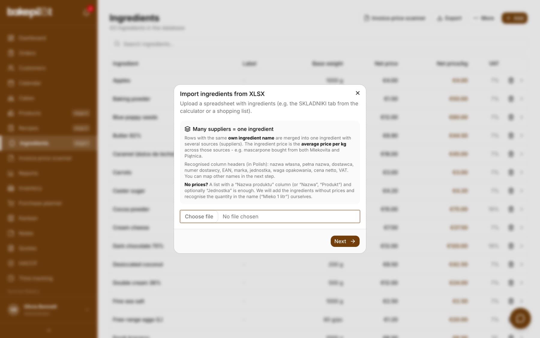 The “Import ingredients from XLSX” window with a description of merging several suppliers into one ingredient