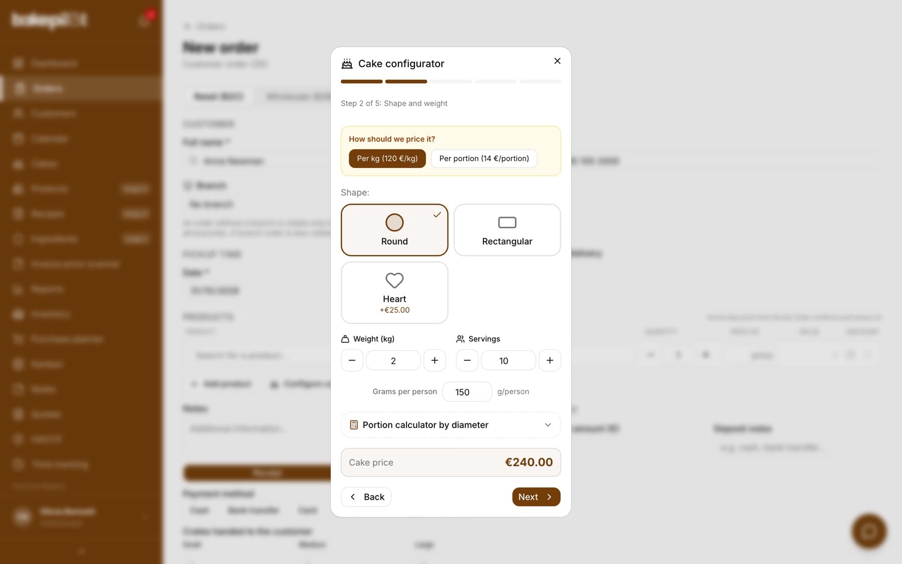 The Cake configurator wizard, step 2 of 5: Shape and weight, a choice of Per kg (120 PLN/kg) or Per portion (14 PLN/portion), shape tiles with the Round, Rectangular and Heart pictograms, weight 2 kg, 10 people, 150 g per person and a cake price of 240.00 PLN