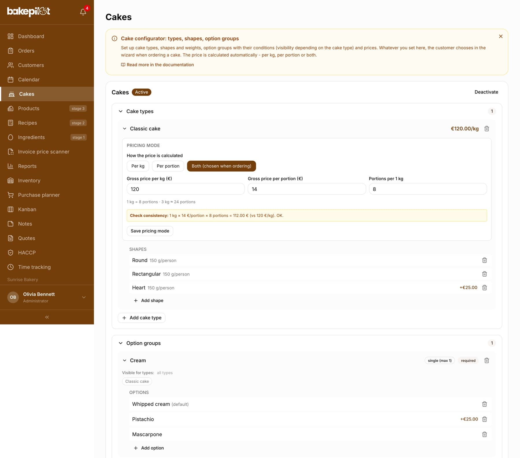 Cake configurator: cake type with a price per kilogram and per portion, and the shape