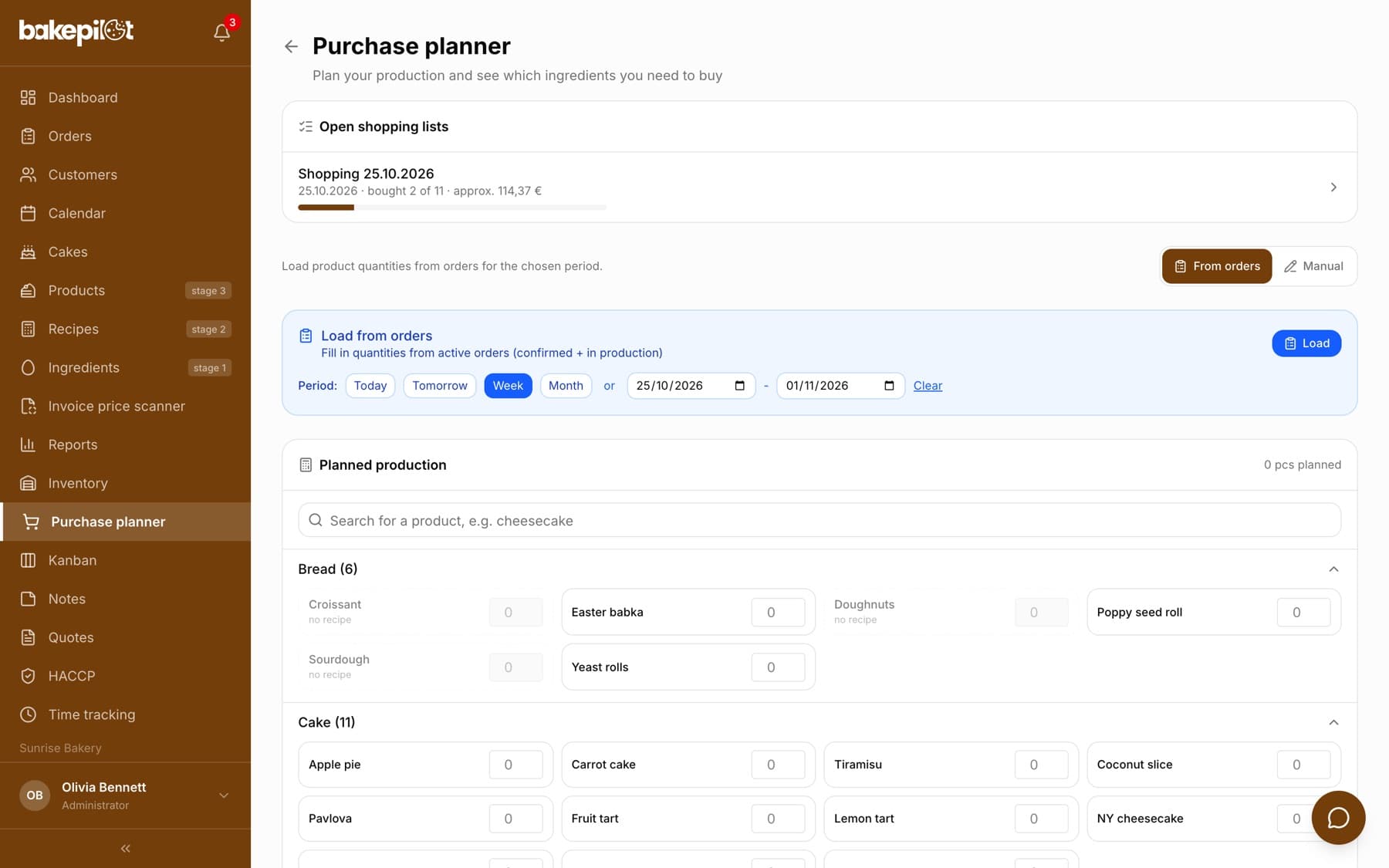 The Purchase planner screen with the “Load from orders” panel, the Today, Tomorrow, Week and Month period shortcuts, date fields, the “Load” button and the Planned production list