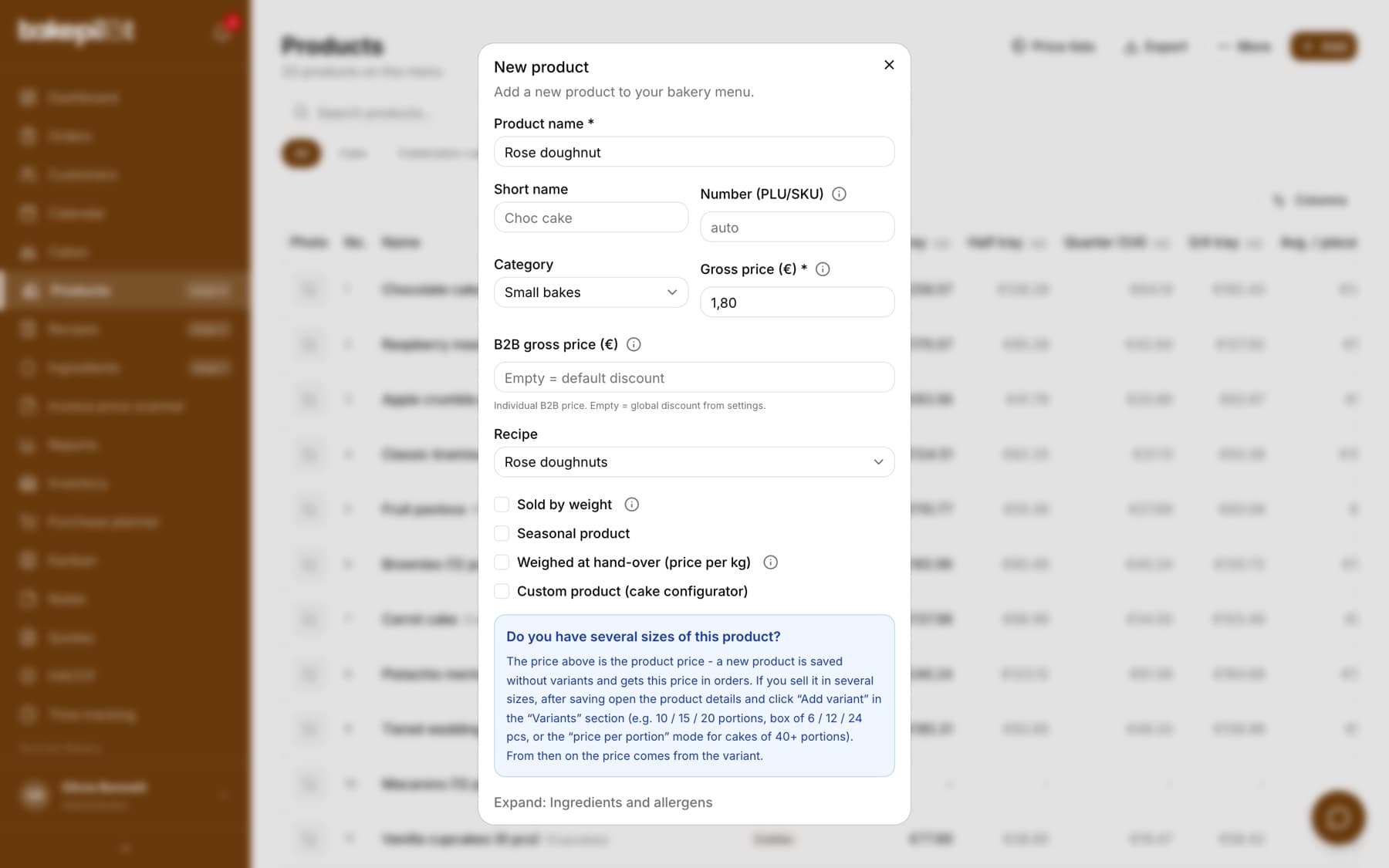 New product window with the name Rose doughnut, the Small bakes category, a gross price of 5.50, an empty B2B gross price field and the Rose doughnuts recipe selected
