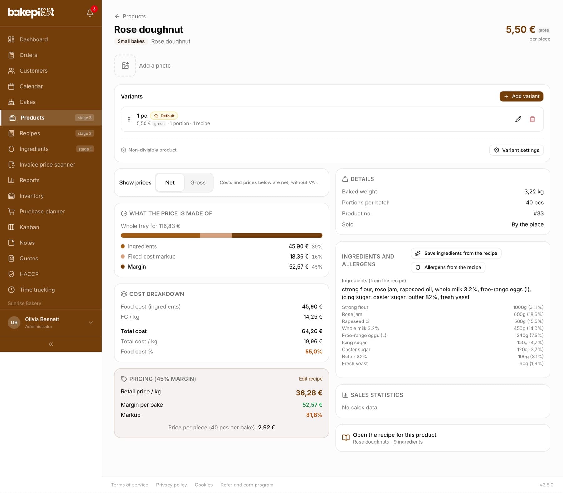 Product card with a cost breakdown, a price list with a 45 percent margin and the margin per batch