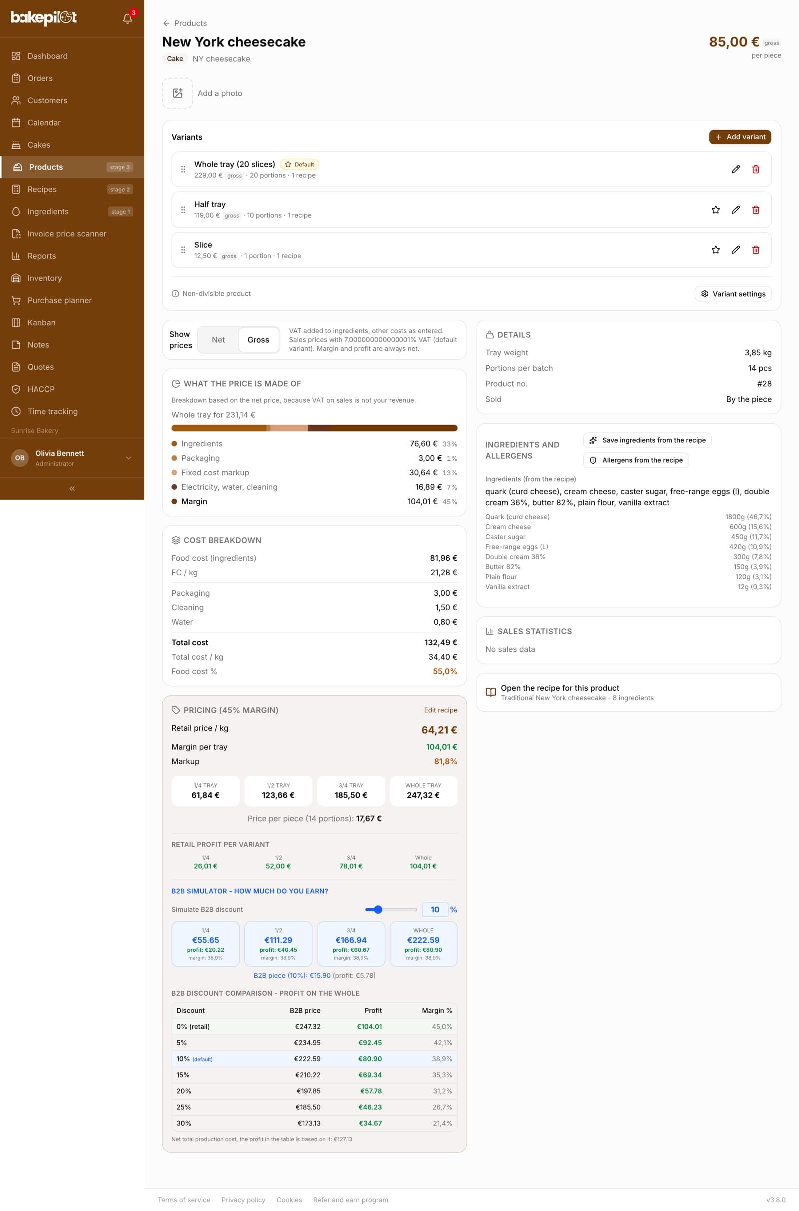 New York cheesecake product card in the Gross view: variants, the Show prices bar, the What the price is made of block, the cost breakdown with a total cost of 124.35 PLN, pricing with the 1/4, 1/2, 3/4 and whole tray tiles, profit per variant, the B2B simulator with a discount table and the footer Net total production cost, the profit in the table is based on it: 120.27 PLN