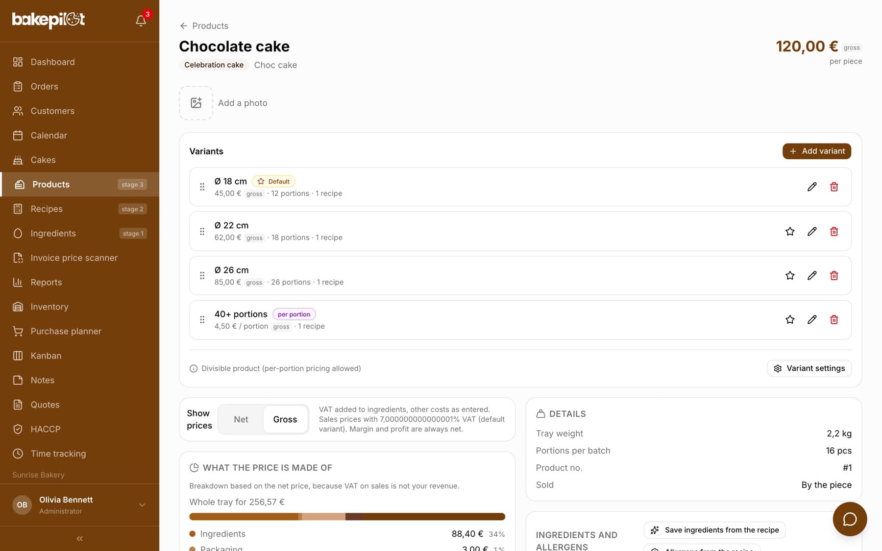 Chocolate cake card with 18, 22 and 26 cm variants, each with its own price and number of portions