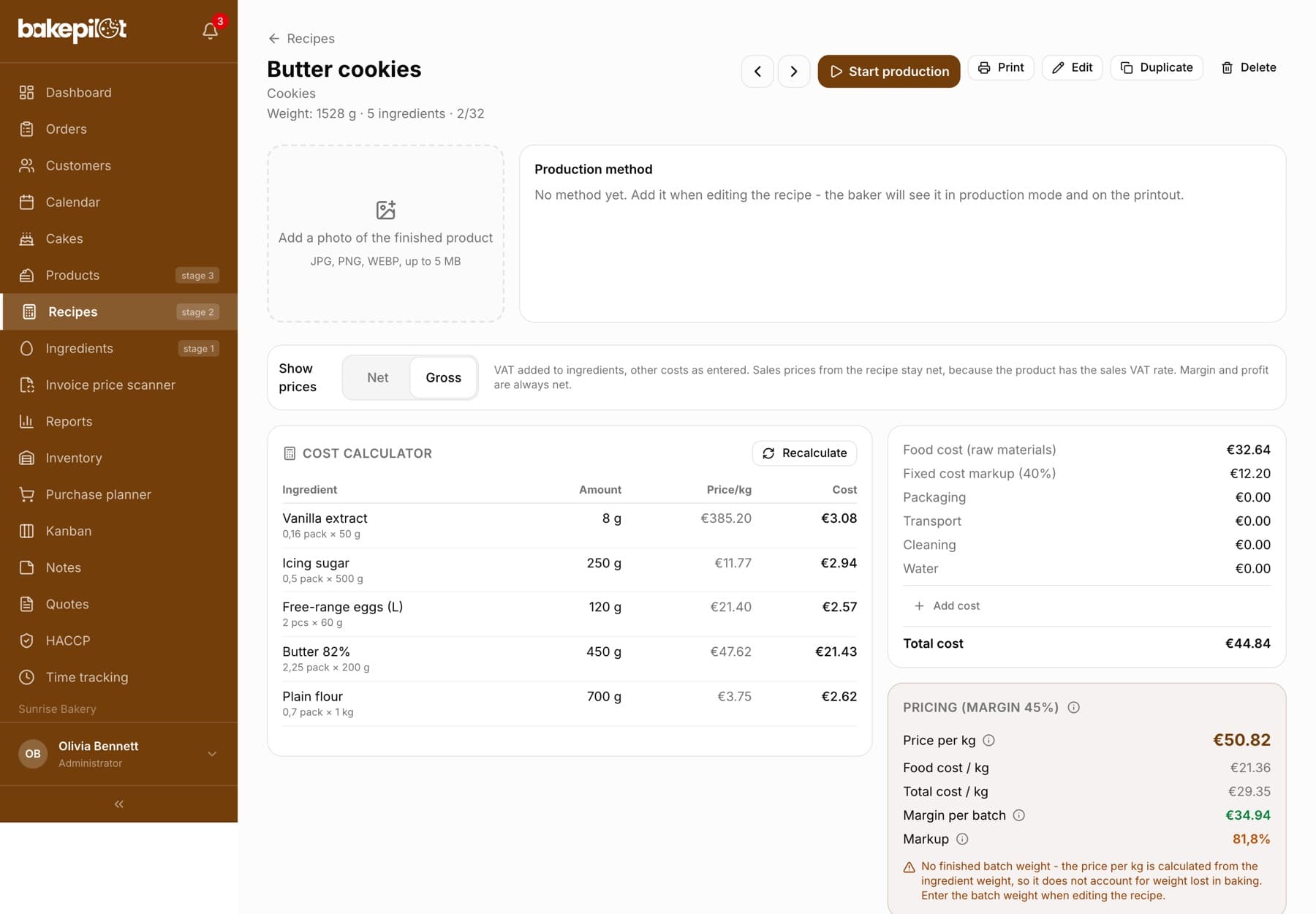 Recipe card for butter cookies in Kilograms mode with the line “Total cost / kg” of 27.14 PLN