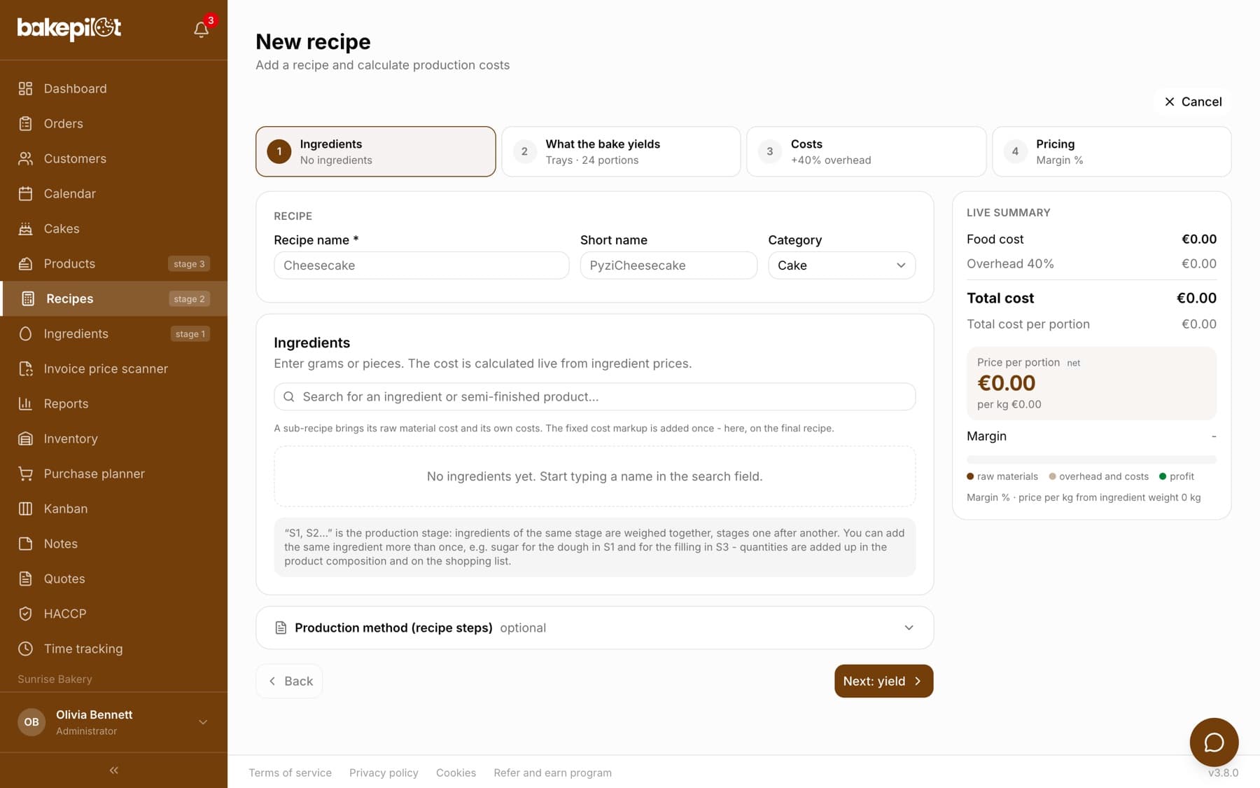 An empty New recipe form with the Ingredients section, the ingredient search and the field for adding a sub-recipe