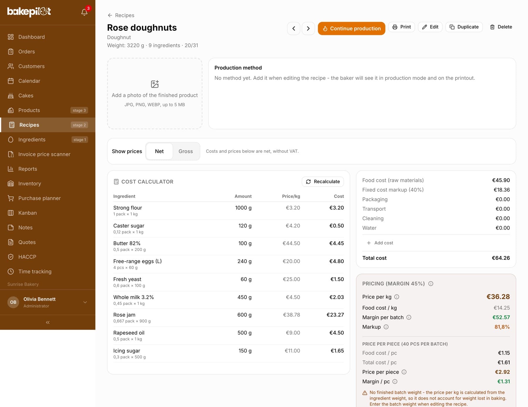 Cost calculator for a donut recipe: ingredients with prices, energy, packaging, total cost and price with margin
