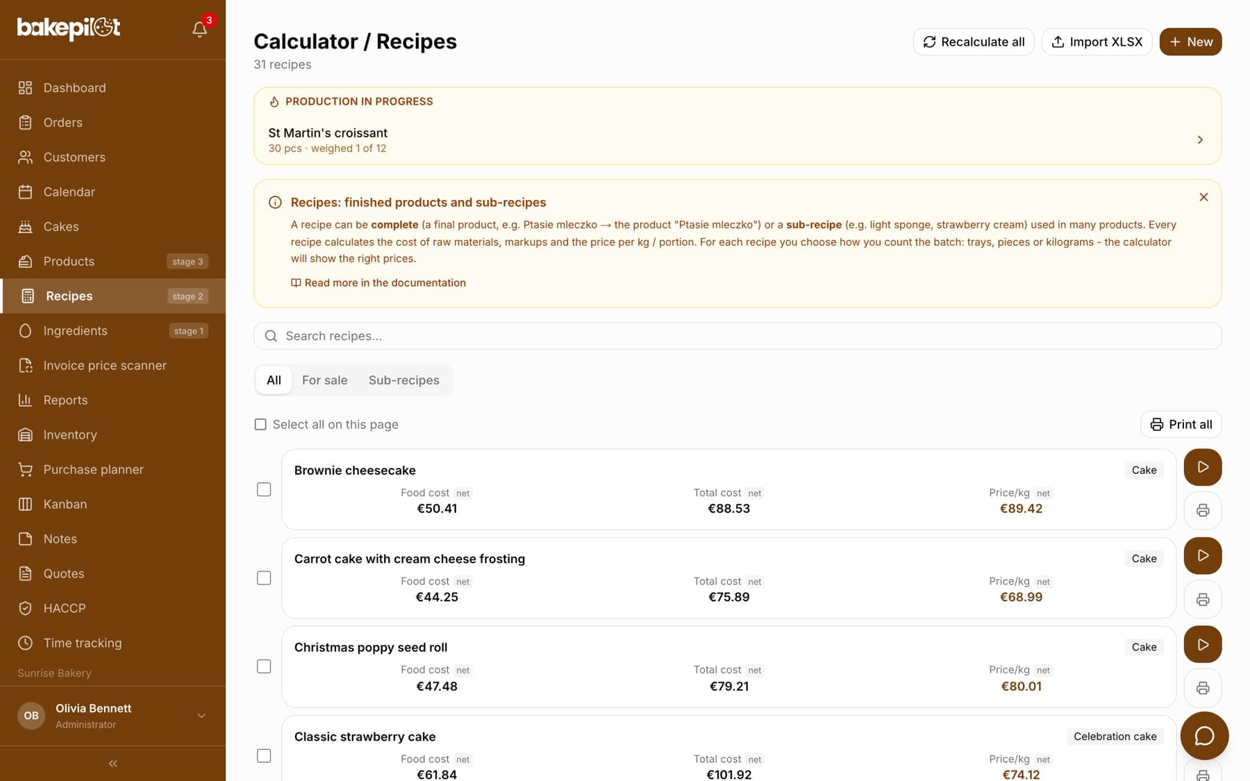 Recipe library with food cost, total cost and price per kilogram