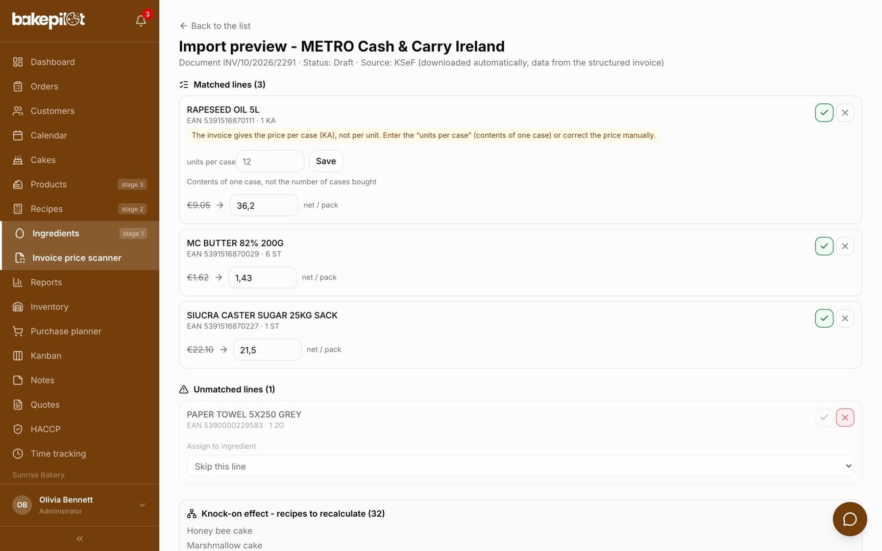 Preview of a MAKRO invoice import: 5 l oil in the KA unit with a case warning and the “units per case” field