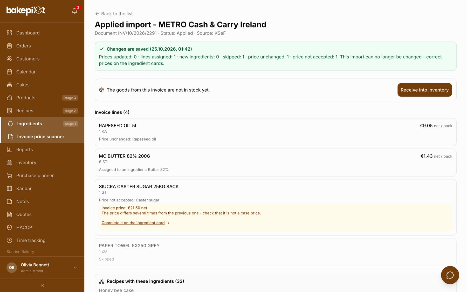 An applied MAKRO invoice import with the green “Changes are saved” bar and a list of lines with the outcome next to each