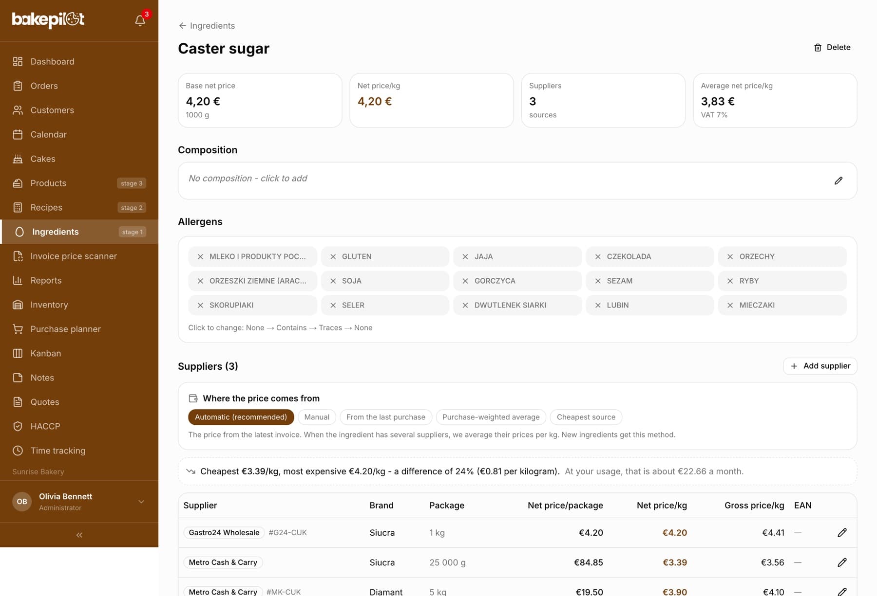 The card of the ingredient White sugar with the tiles Base net price 3.83 PLN, Net price/kg and Average net price/kg, the Where the price comes from section with the Automatic (recommended) method selected and a list of three suppliers: 1 kg at 4.20 PLN/kg, a 25 kg sack at 3.39 PLN/kg and 5 kg at 3.90 PLN/kg