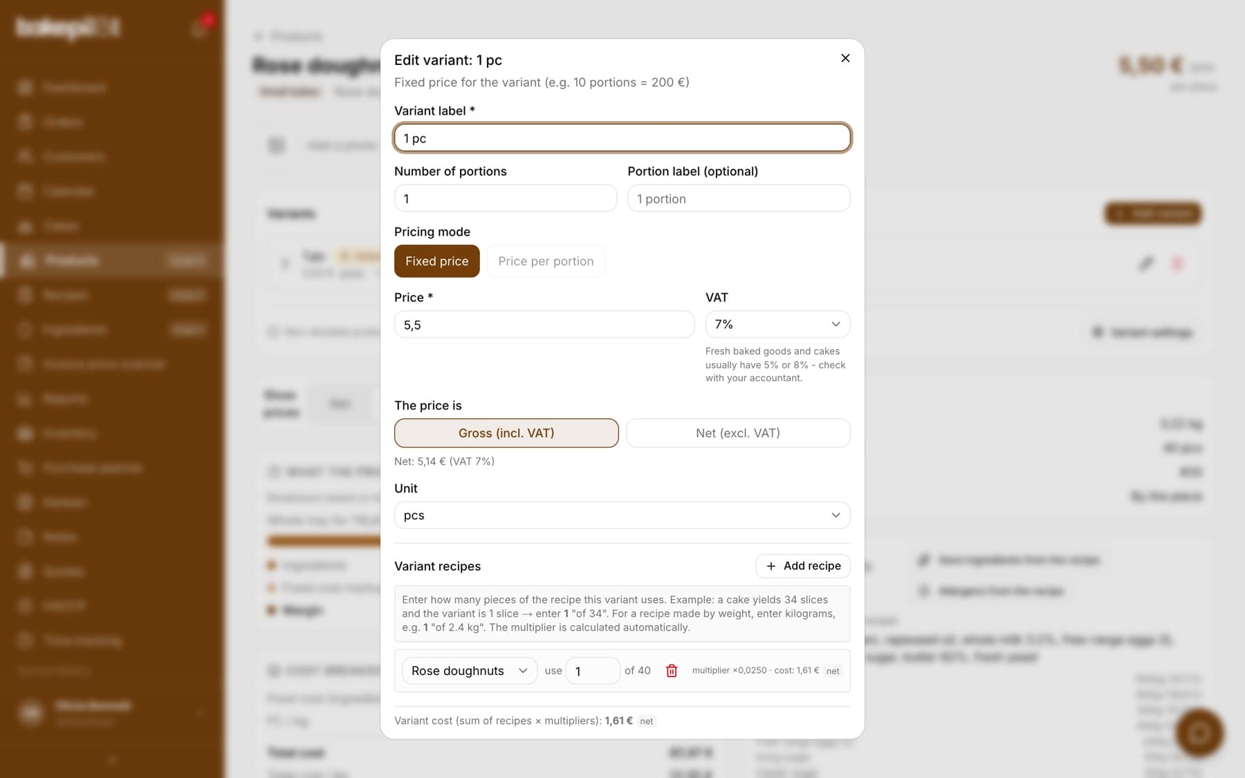 The “1 pcs” variant window: label, number of portions, pricing mode, a price of 5.50 PLN gross with the calculated net amount, VAT 8%, unit, the recipe “use 1 of 40” and a variant cost of 1.79 PLN net