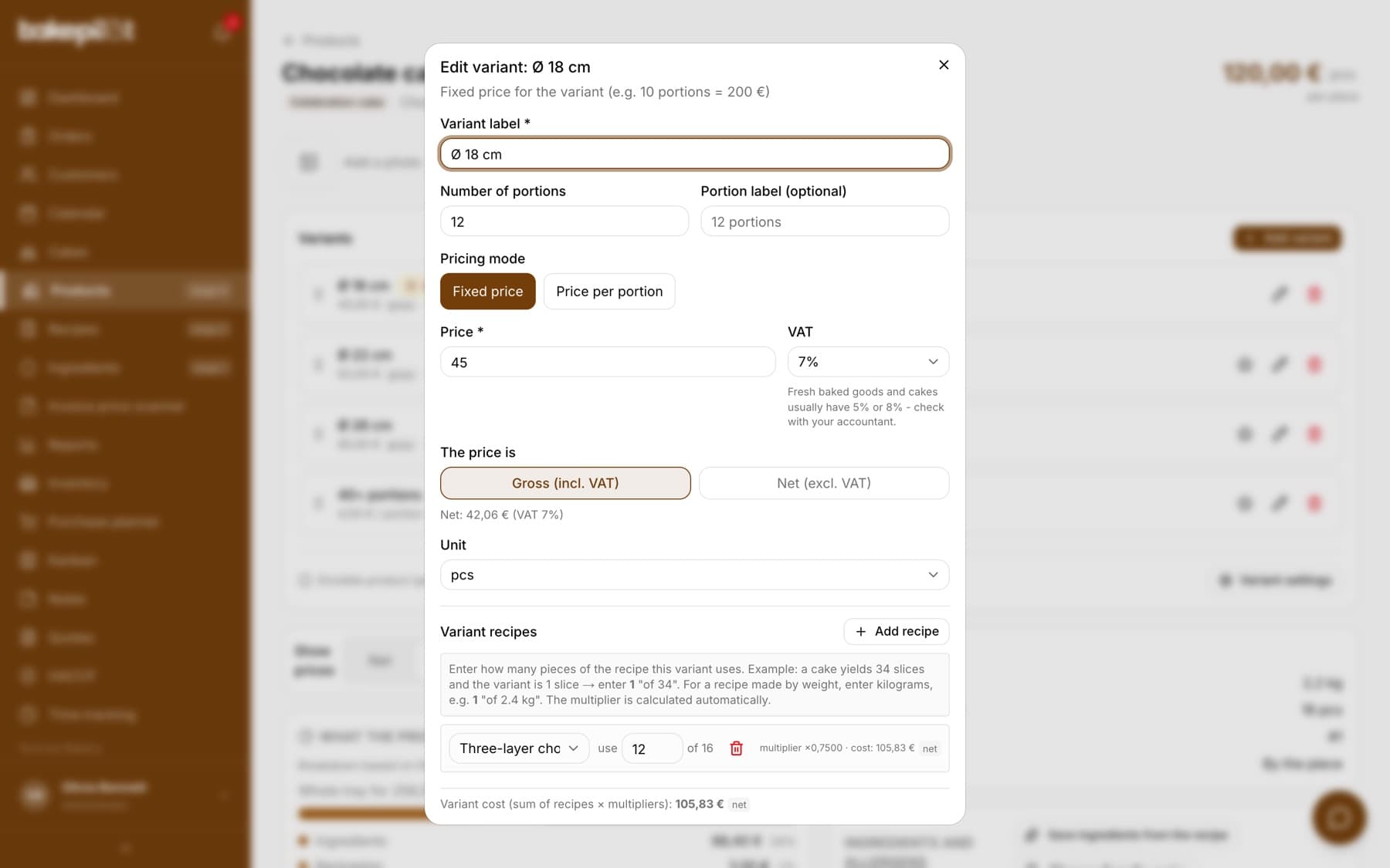 The variant window with the Chocolate cake recipe and the “use 12 of 16” field