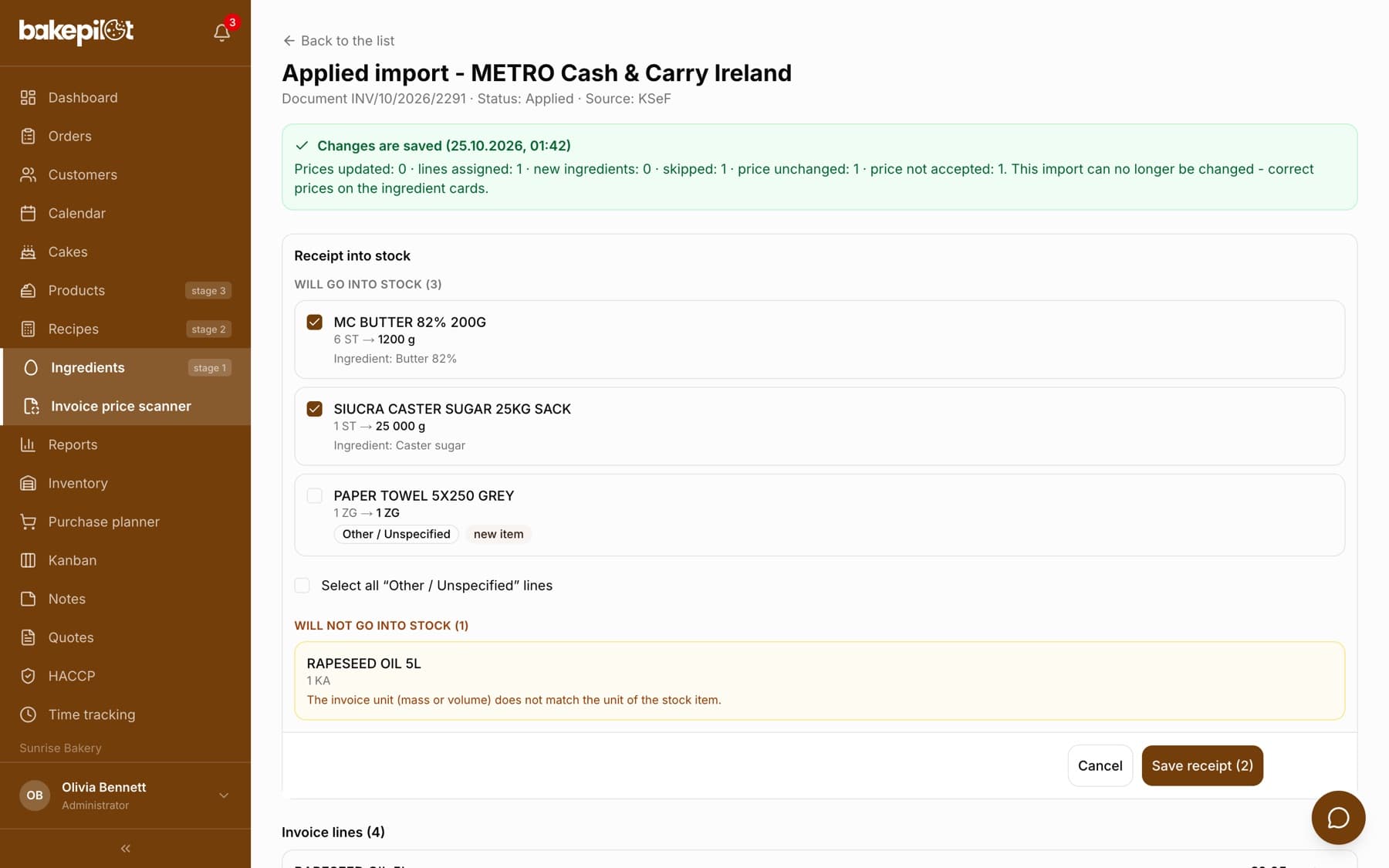 The Receipt into stock preview on an approved invoice: the Will go into stock group with butter 6 ST converted to 1200 g and caster sugar 1 ST to 25 000 g ticked, an unticked Other / Unspecified line marked new item and the Will not go into stock group with the reason