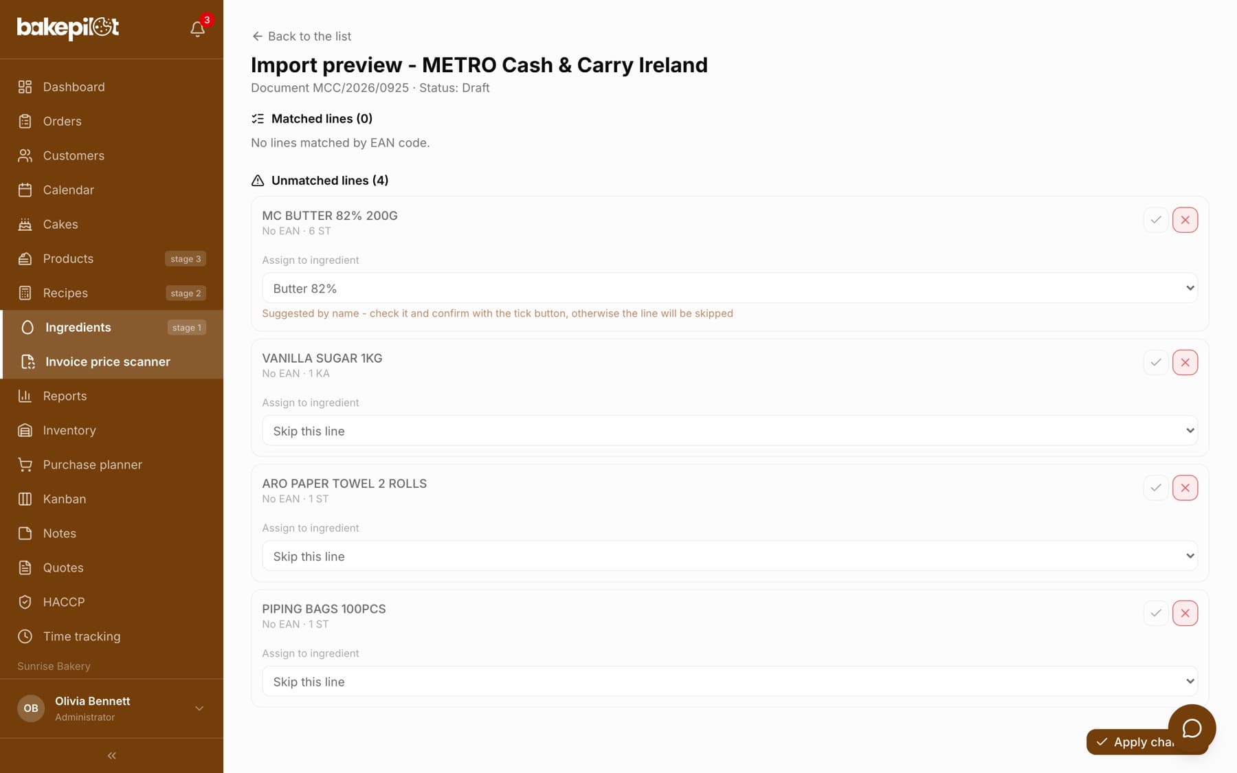 Import preview of a METRO invoice with the Draft status: Matched lines 0, Unmatched lines 4, an Assign to ingredient list for every line, a suggestion by name for the butter waiting for the tick