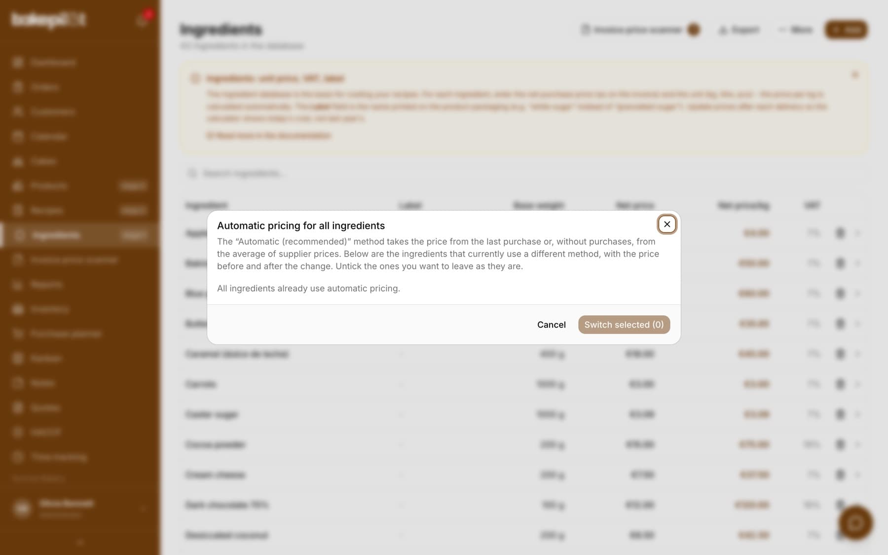 The Automatic pricing for all ingredients window with a description of the Automatic (recommended) method and the message All ingredients already use automatic pricing, Cancel and Switch selected (0) buttons