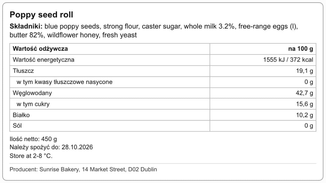 Label preview: ingredient list with allergens in bold capitals, nutrition table per 100 g, net quantity, date and producer