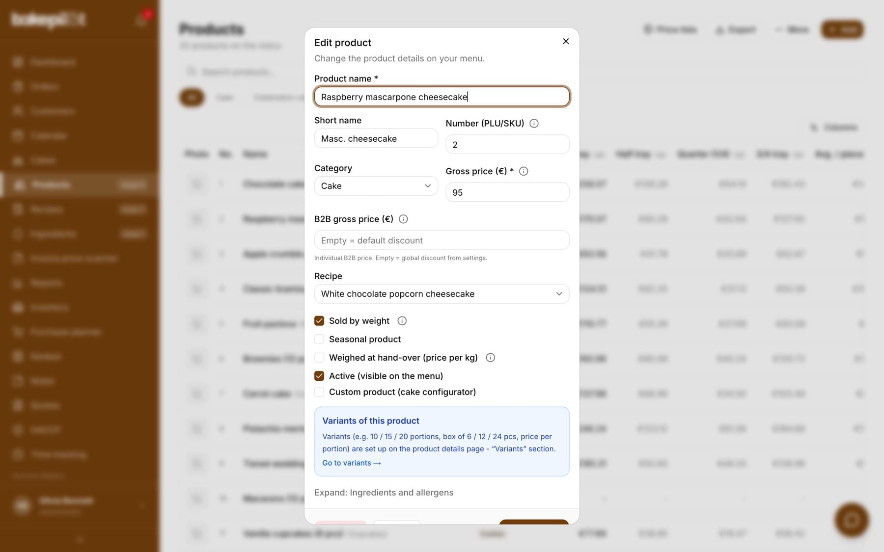 The “Edit product” window for a mascarpone cheesecake with raspberries: the Product name, Short name, Number (PLU/SKU), Category, Gross price (PLN), B2B gross price (PLN) and Recipe fields, the Sold by weight, Seasonal product, Active (visible on the menu) and Custom product (cake configurator) checkboxes, the “Variants of this product” box and the Deactivate, See more and Save changes buttons