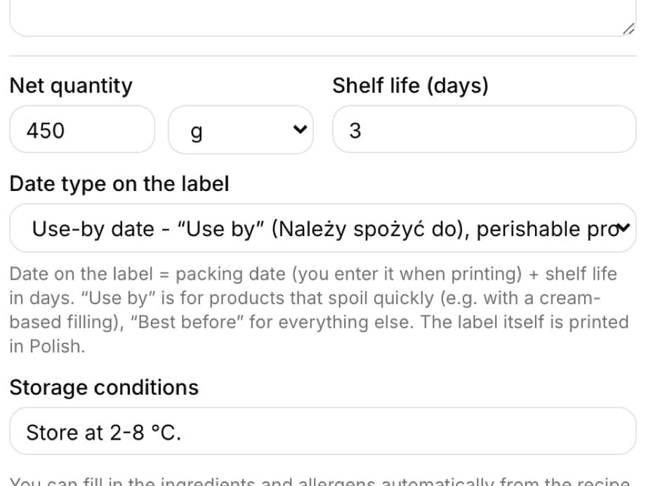 Ingredients and allergens section in the product window: Net quantity 450 g, Shelf life 3 days, Date type on the label and Storage conditions