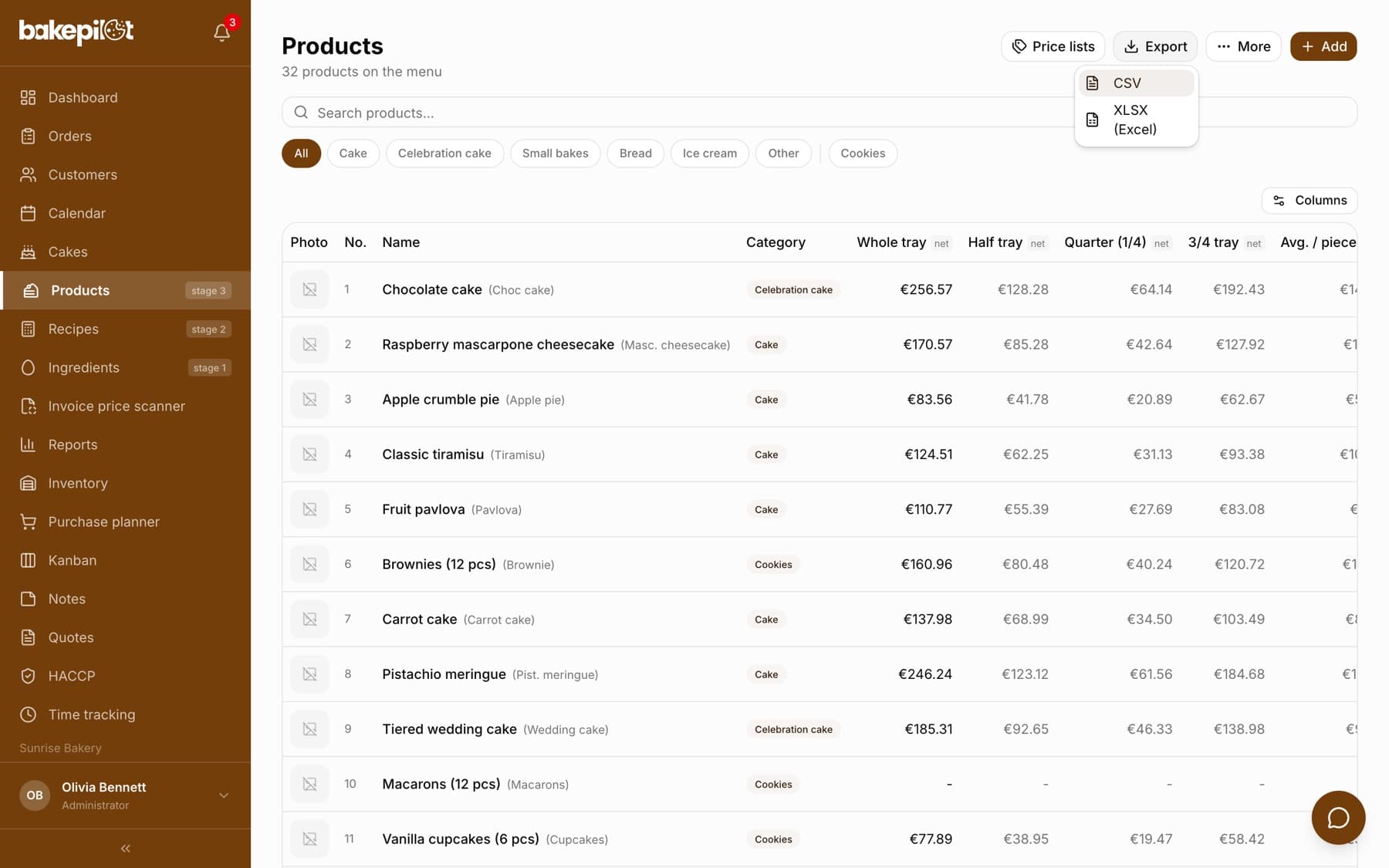 The product list with the “Export” button expanded and two options: CSV and XLSX (Excel)