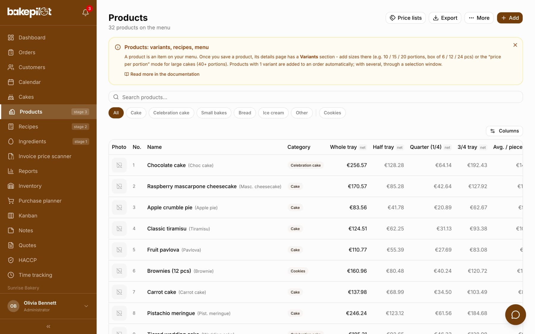 Product list: the “Products” heading with a “30 products on the menu” counter, the Price lists, Export, More and Add buttons, a box with module instructions, the “Search products...” field, category buttons from “All” to “Other”, the “Columns” button and a table with the Photo, No., Name, Category, Whole tray, Half tray, Quarter (1/4), 3/4 tray and Avg. / piece columns