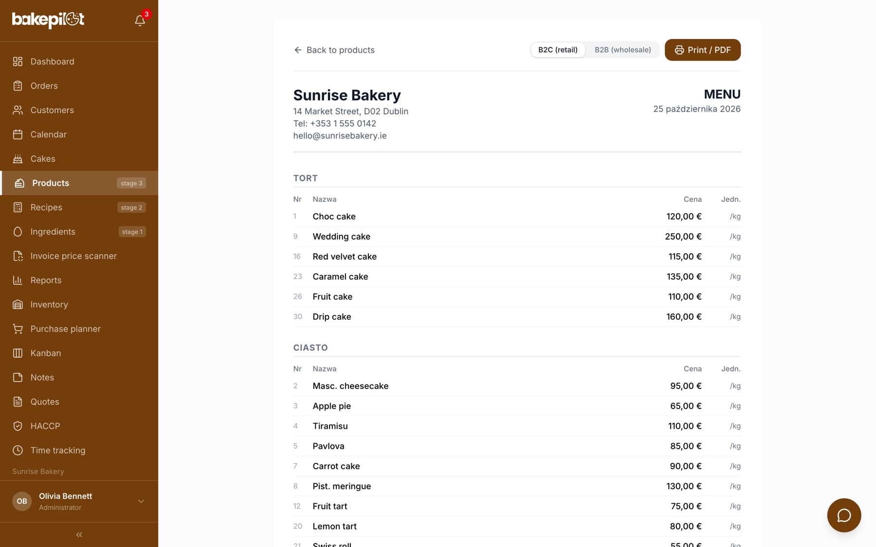 The printable menu page: the “Back to products” link, the “B2C (retail)” and “B2B (wholesale)” switch, the “Print / PDF” button, a header with the bakery name, address, phone and e-mail, the “MENU” title with today's date and a table for the Cake category with number, name, price and unit columns