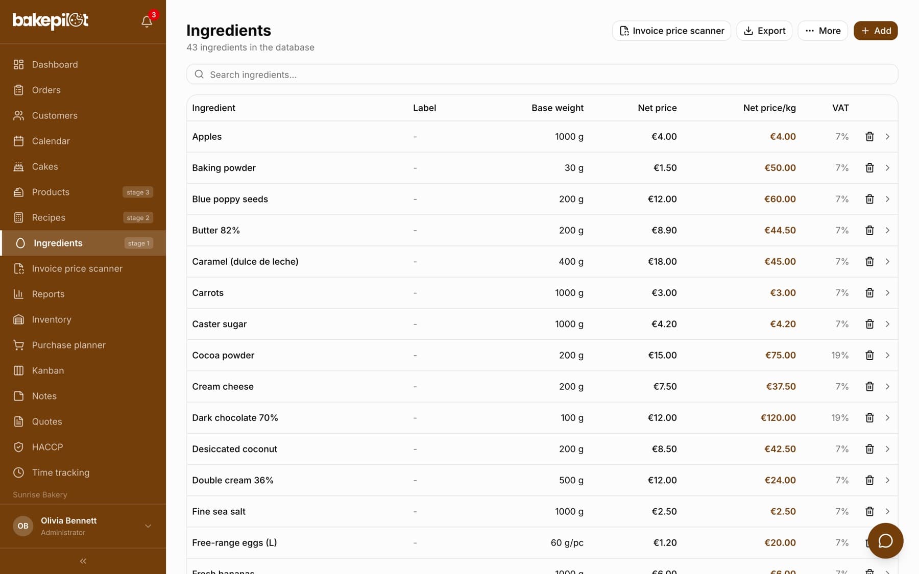 Ingredient list: the “Ingredients” heading with a “35 ingredients in the database” counter, the “Search ingredients...” field and a table with the Ingredient, Label, Base weight, Net price, Net price/kg and VAT columns, with a bin icon and an arrow in each row