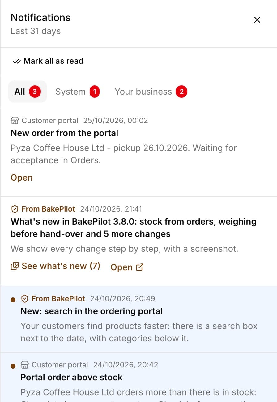 The Notifications panel with the tabs All 3, System 1 and Your business 2: a From BakePilot notification about search in the portal, highlighted with a shield icon, a Portal order above stock notification with a list of products and a New order from the portal notification