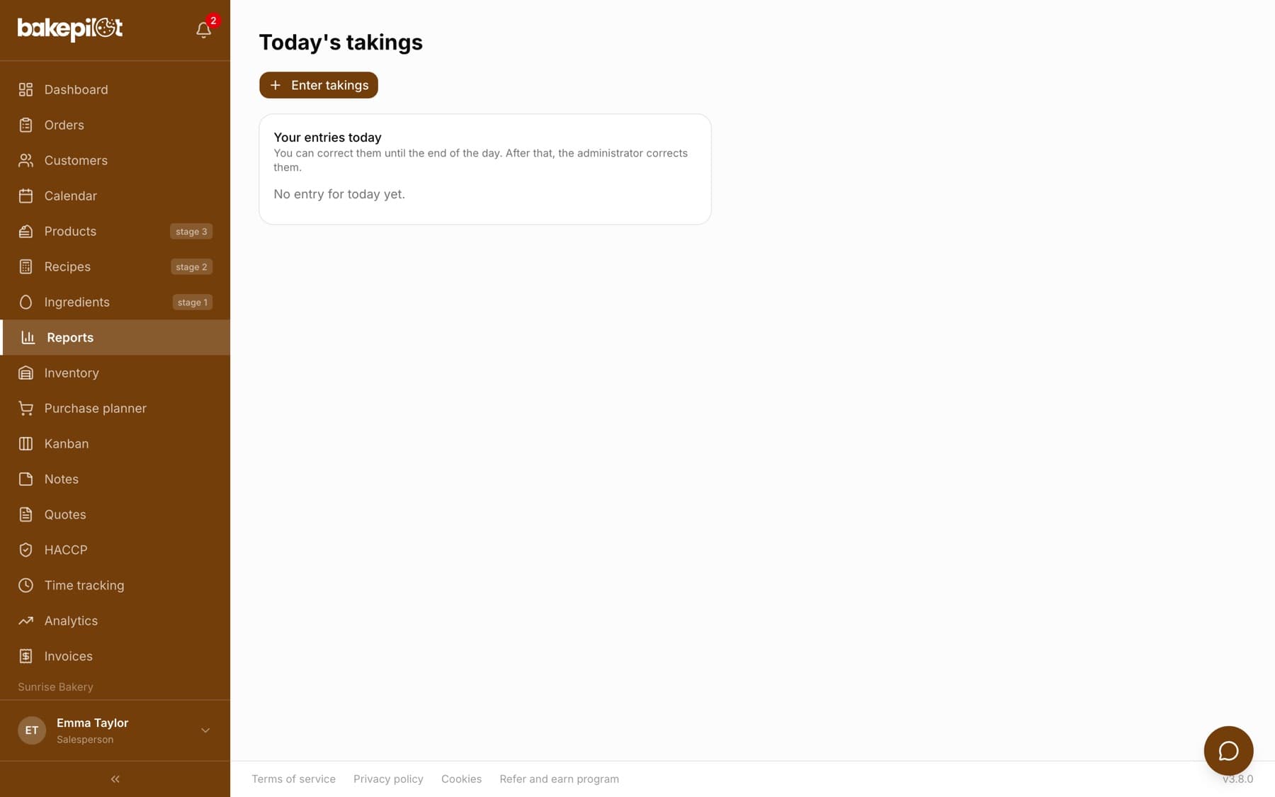The Today's takings screen with the Enter takings button and the Your entries today card with the note You can correct them until the end of the day. After that, the administrator corrects them.