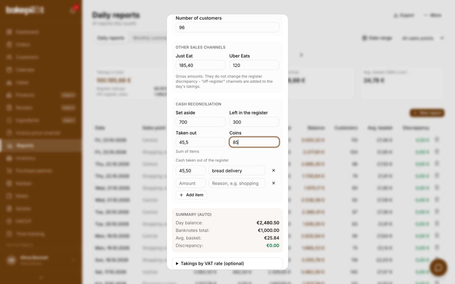 The New daily report window with the Sales point field set to Centralna, the Other sales channels section with Pyszne.pl and Uber Eats fields and the Cash reconciliation, where the Taken out field shows the total of the items from the Cash taken out of the register list
