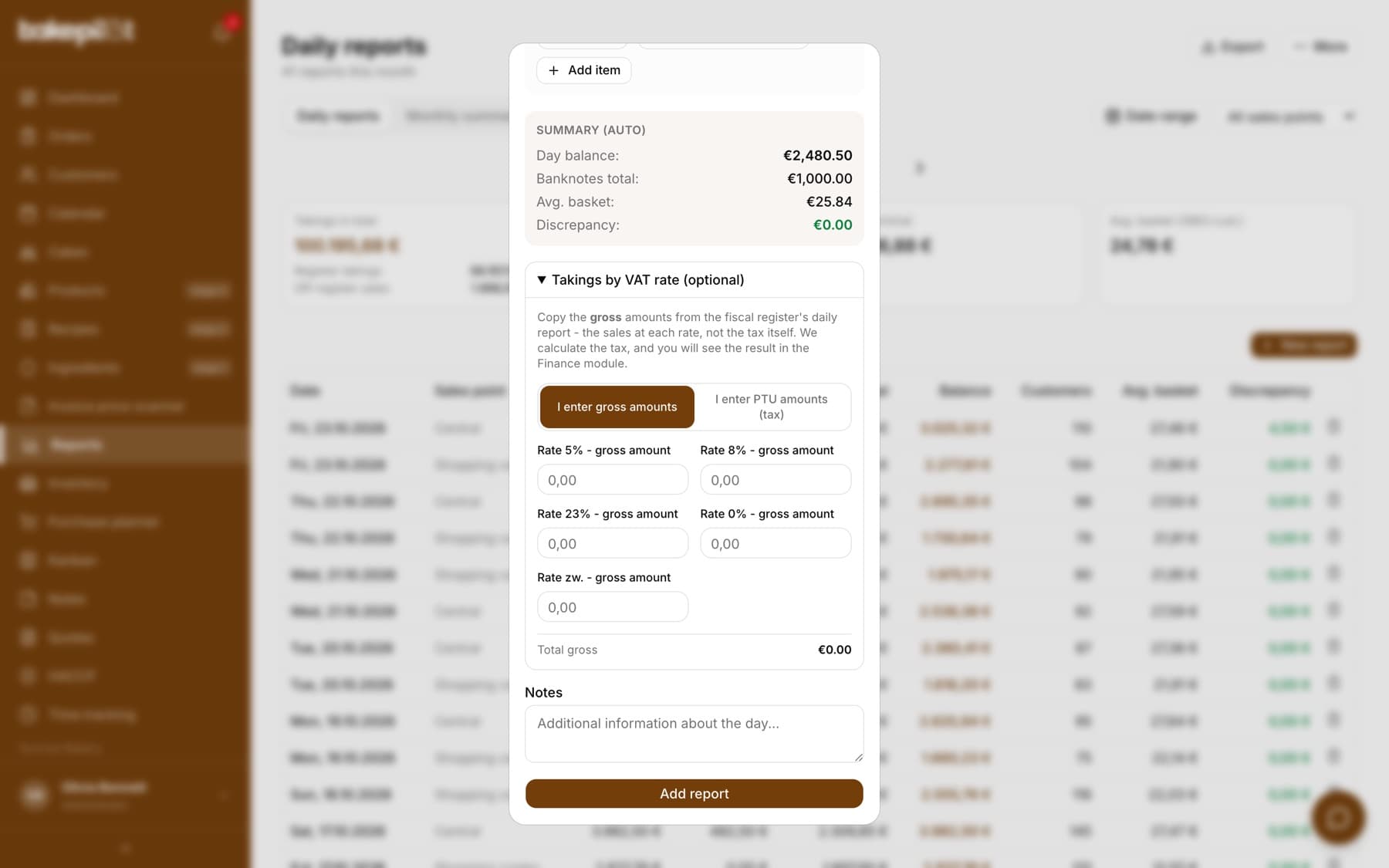The Takings by VAT rate section in the daily report window with the I enter gross amounts / I enter PTU amounts switch and fields for the 5%, 8%, 23%, 0% and exempt rates