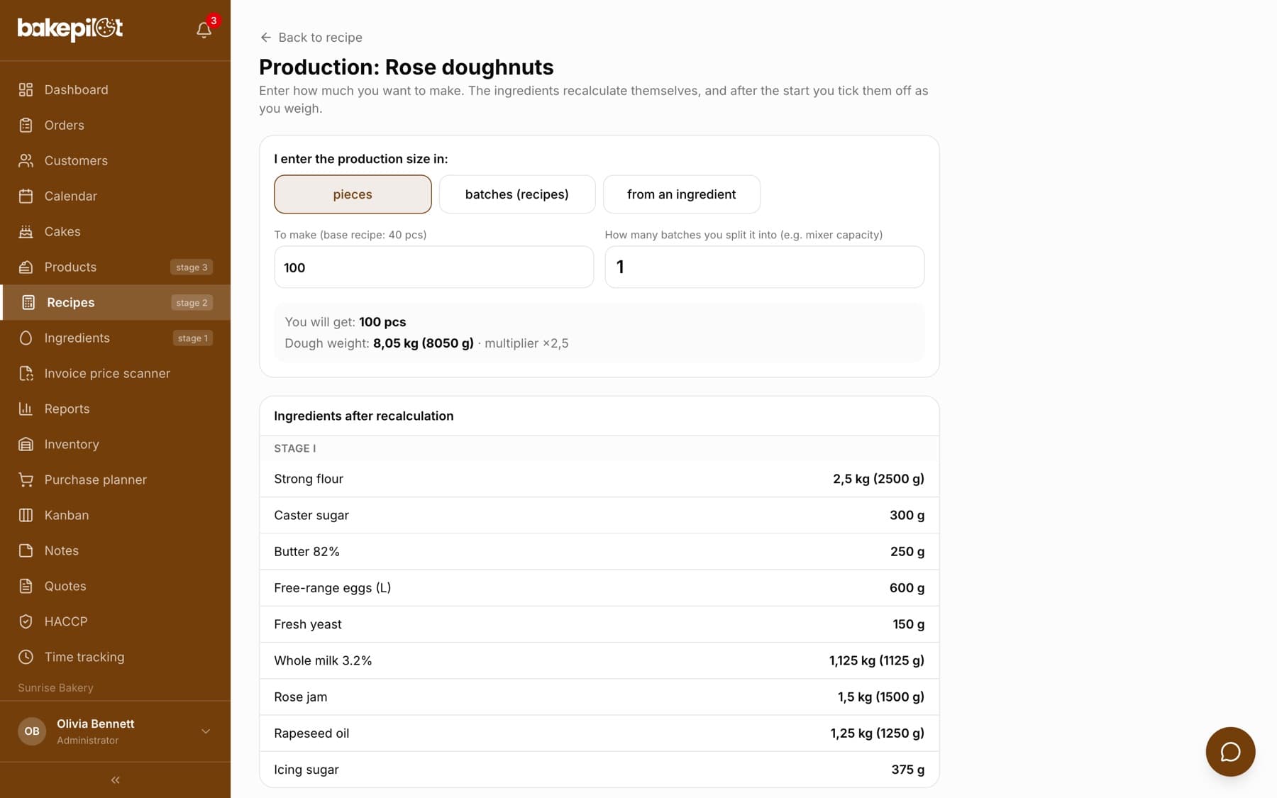 Production start screen for the rose doughnut recipe: choice of how to enter the size, a quantity field with 100 pieces, the number of batches and a preview of the scaled ingredients