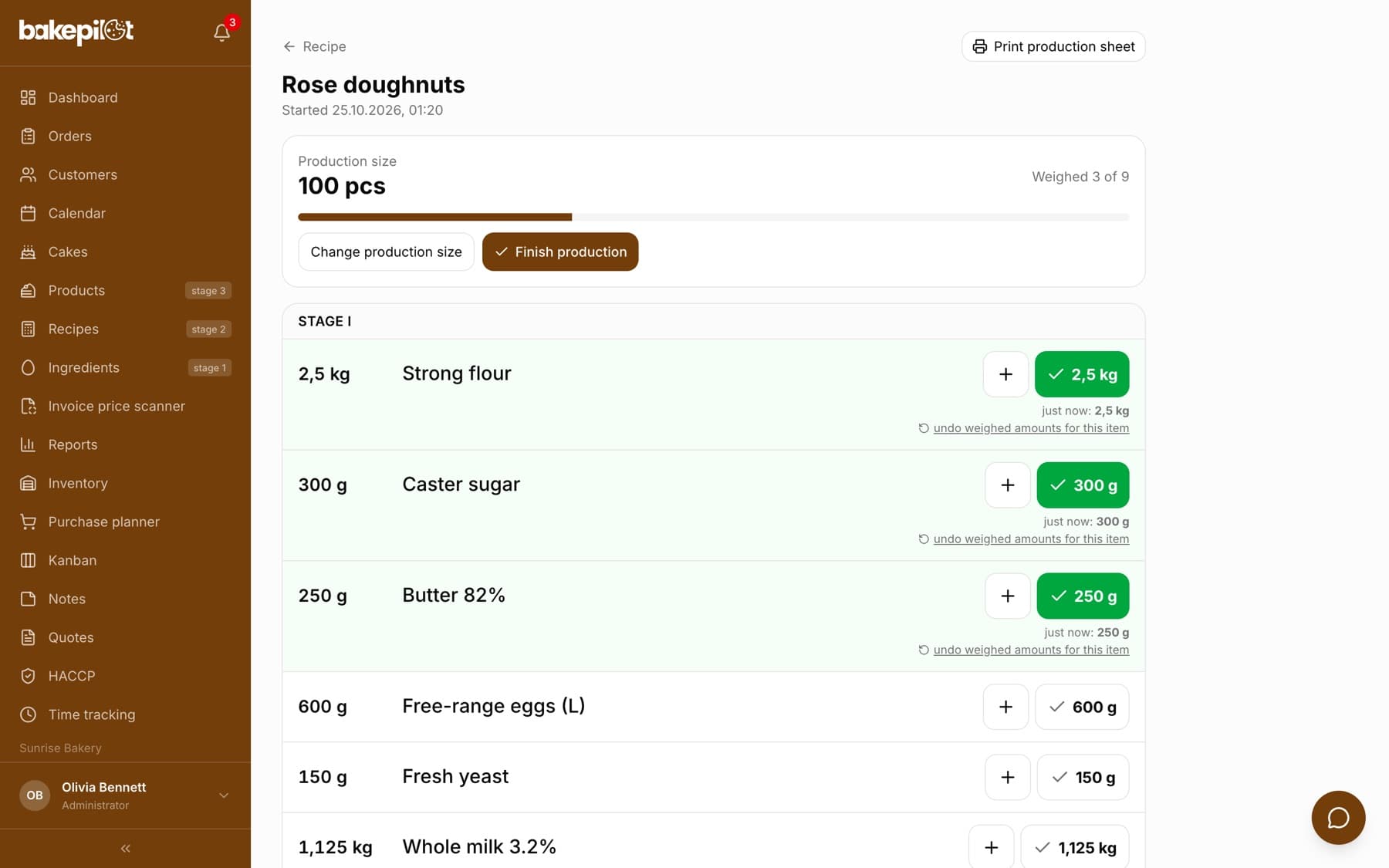 Production weighing mode: a Weighed 3 of 9 bar, stage I, ingredient rows with plus and tick buttons, three ticked off in green