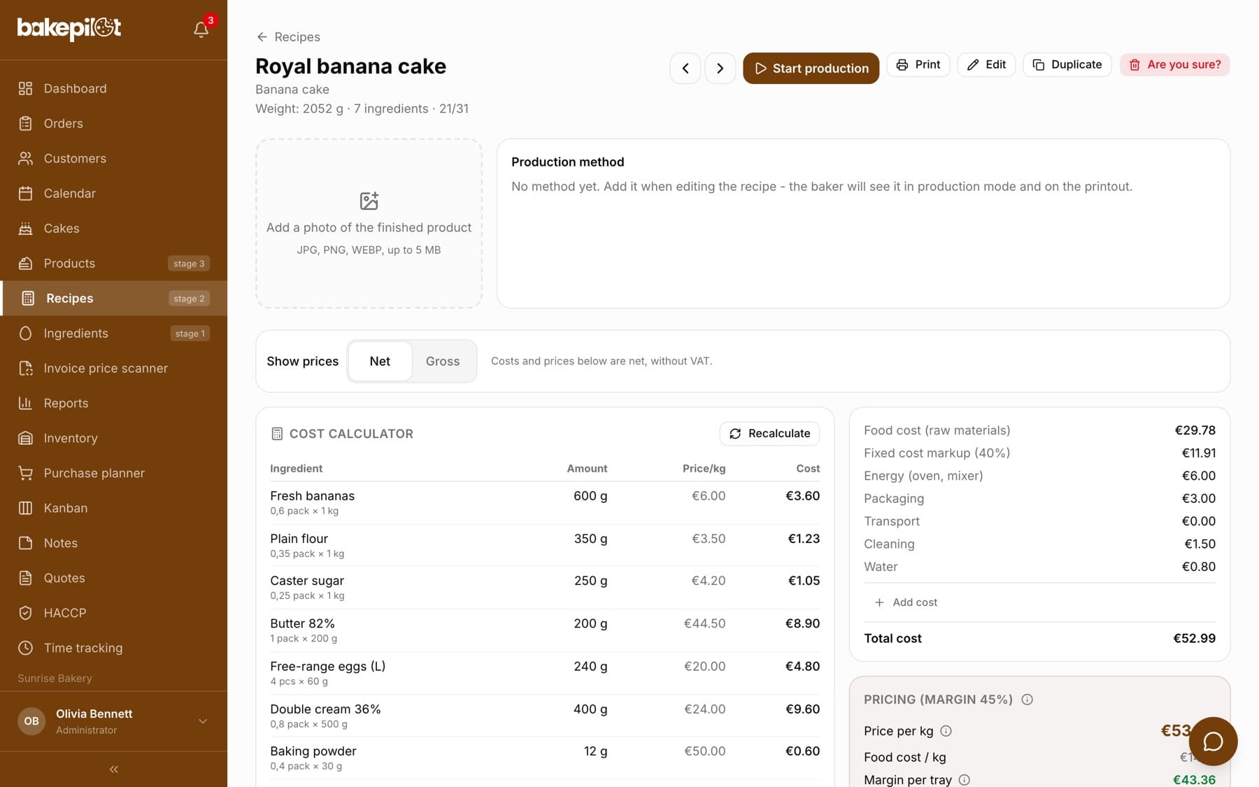 Recipe card for a royal banana cake with buttons at the top: previous and next arrows, Start production, Print, Edit, Duplicate and a red “Are you sure?” in place of the Delete button