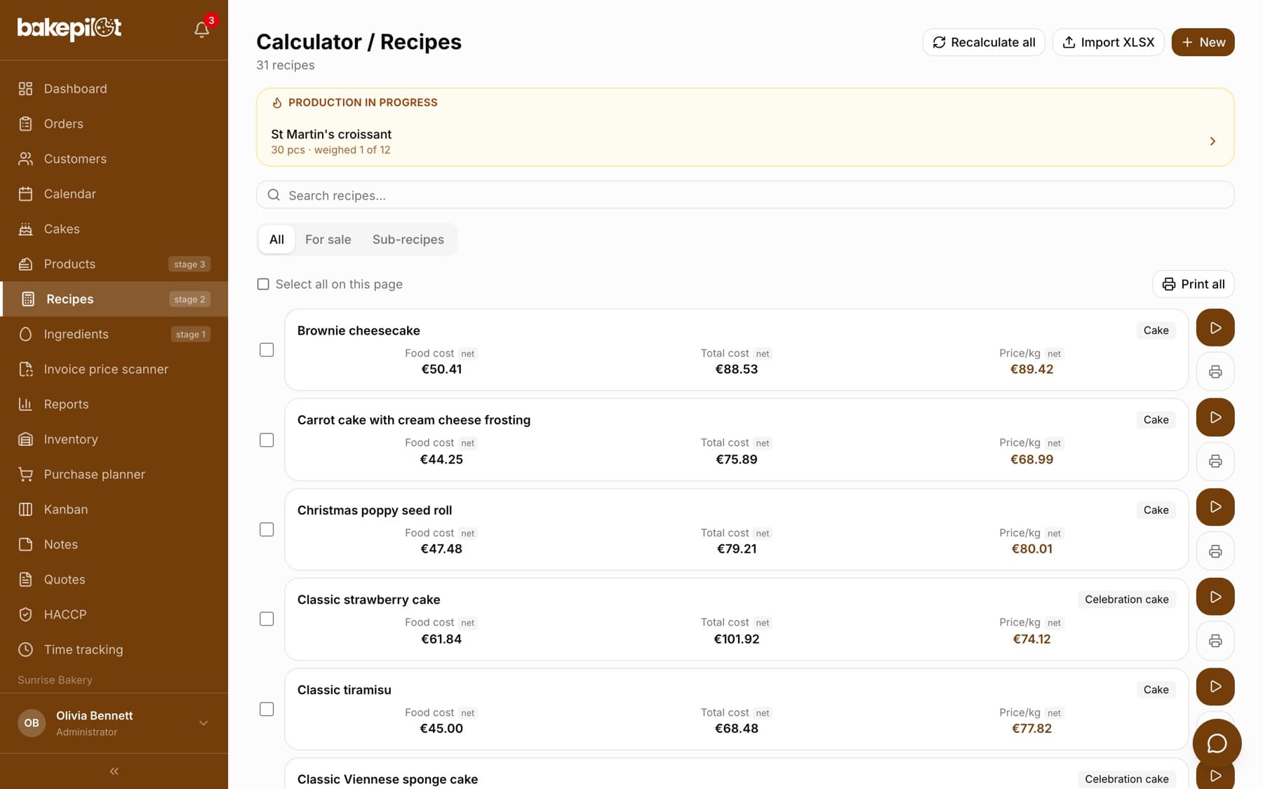 The “Calculator / Recipes” list with a recipe counter, the Recalculate all, Import XLSX and New buttons, a “Production in progress” box, the “Search recipes...” field, the All, For sale and Sub-recipes tabs, “Select all on this page”, the “Print all” button and recipe cards with Food cost, Total cost and Price/kg amounts