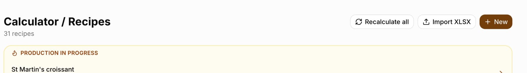 Header of the “Calculator / Recipes” list with the Recalculate all, Import XLSX and New buttons