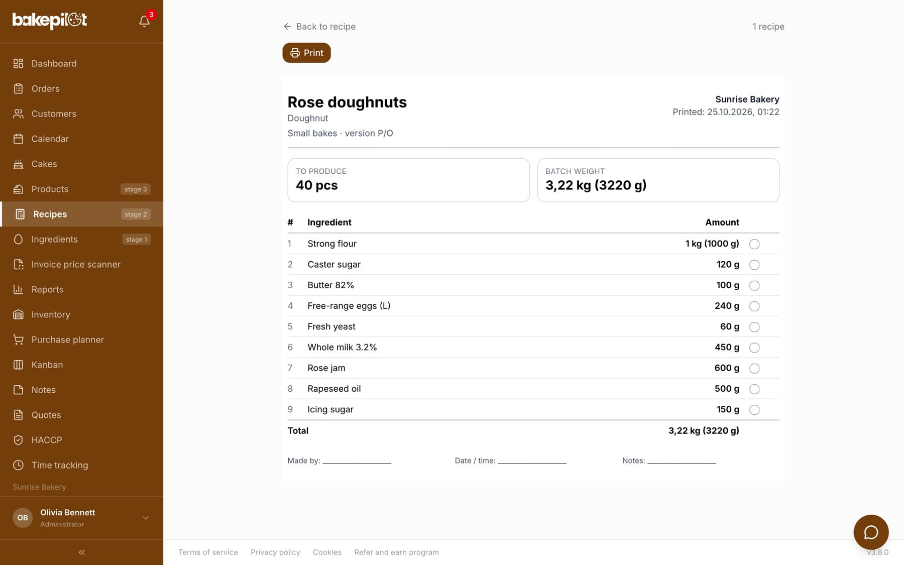 Printout of the Rose donuts recipe in base amounts for 40 pieces, with an ingredient table and space for a signature