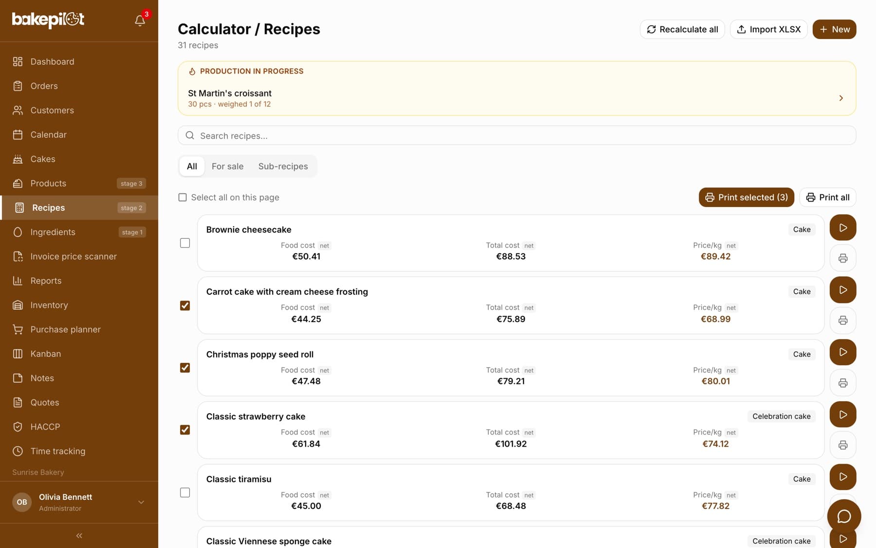 Recipe list with three checkboxes ticked and the Print selected (3) button next to Print all
