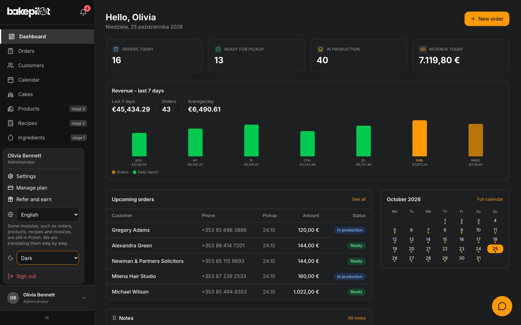 BakePilot Dashboard in dark mode with the user menu open: Settings, Manage plan, Refer and earn, the language choice, the theme choice set to Dark and Sign out