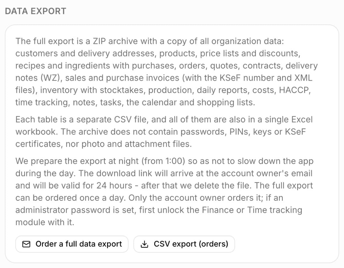 The Data export section in Settings: a description of the ZIP archive contents, a note that we prepare the export overnight from 1:00 a.m. and the link is valid for 24 hours, and the Order a full data export and CSV export (orders) buttons