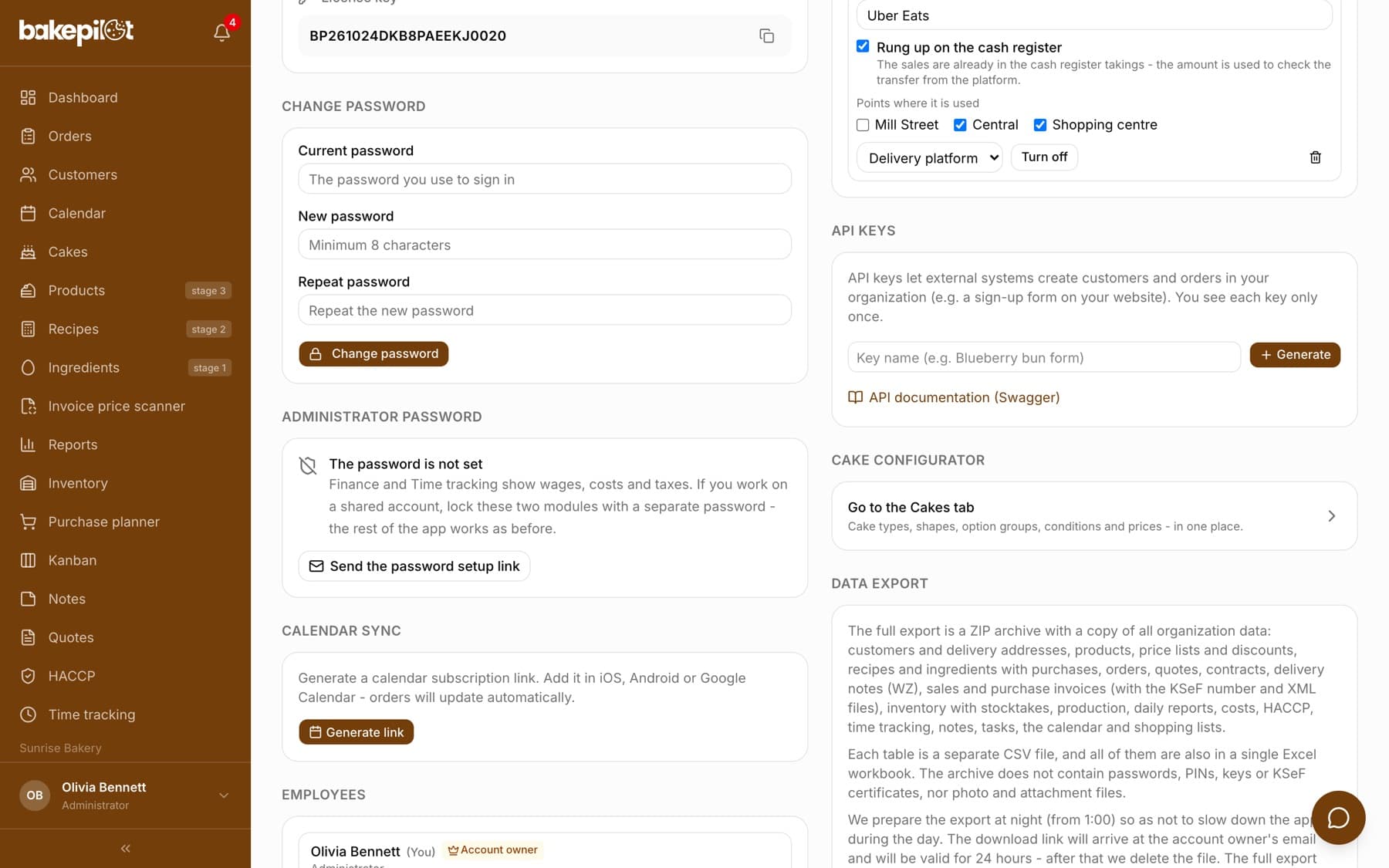 BakePilot Settings with the Administrator password section: the message The password is not set, a note that Finance and Time tracking show wages, costs and taxes, and the Send the password setup link button