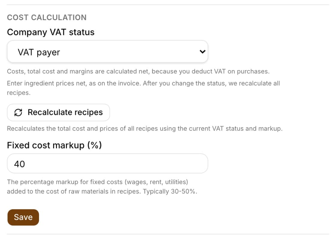 The Cost calculation section in Settings: the Company VAT status field set to VAT payer with a description, the Recalculate recipes button and a fixed cost markup of 40%