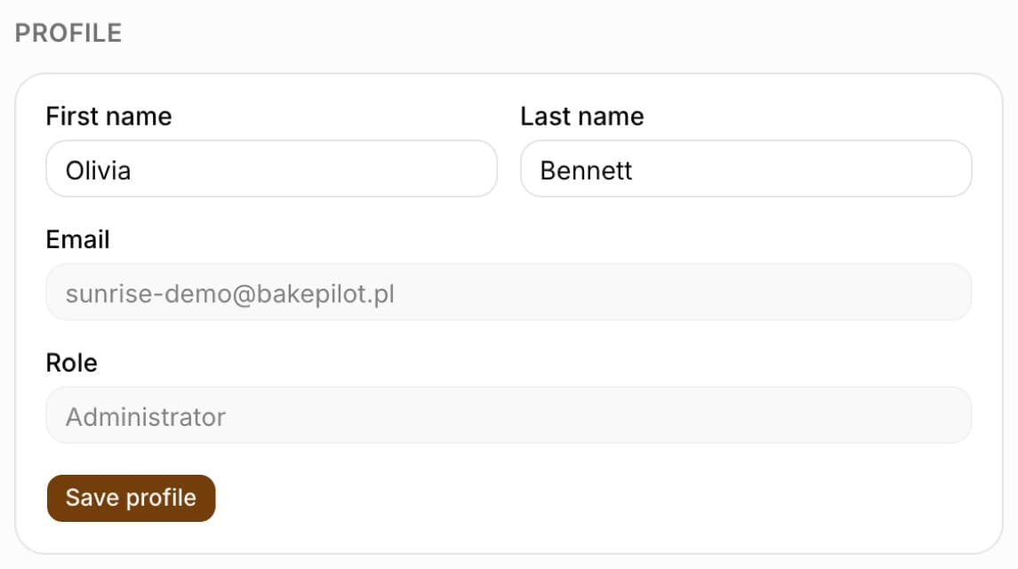 Profile section in BakePilot Settings: First name and Last name fields, greyed-out Email and Role (Administrator) fields and the Save profile button