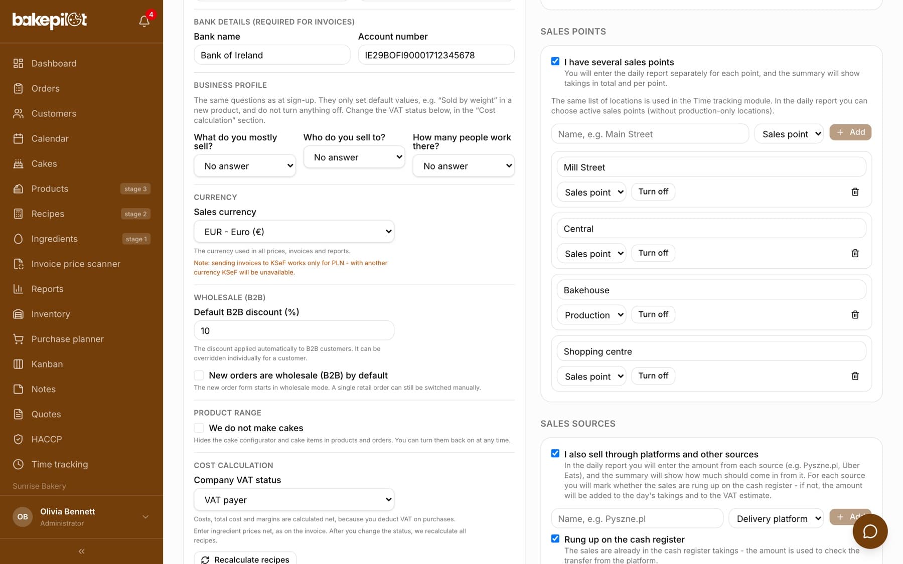 BakePilot Settings: the Sales points section with I have several sales points ticked, the name and type fields for a new point and the list Fabryczna, Centralna, Galeria and Pracownia - Production; below, the start of the Sales sources section