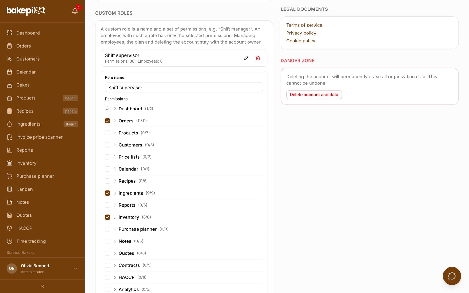 The custom role form in BakePilot Settings: the Role name field with Shift manager entered and a list of modules with checkboxes, with Orders, Ingredients and Inventory ticked