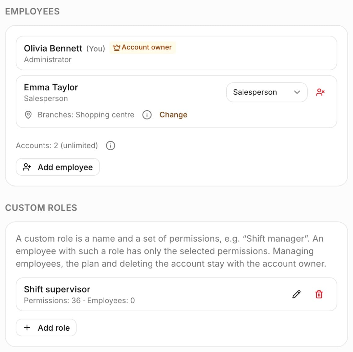 BakePilot Settings: in the Employees section Kamila Kowalska marked Account owner and Anna Nowak (Salesperson), the counter Accounts: 2 (unlimited) above the Add employee button; below, the Custom roles section with the Shift manager role (Permissions: 36, Employees: 0) and the Add role button