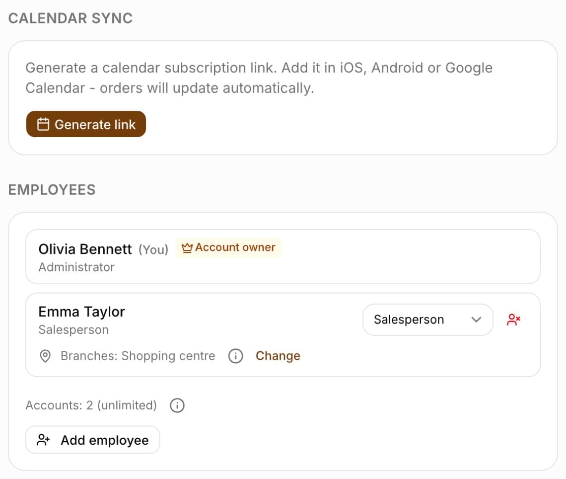The Calendar sync section in Settings with the Generate link button, and below it the Employees section with the account owner, the employee Anna Nowak, the counter Accounts: 2 (unlimited) and the Add employee button